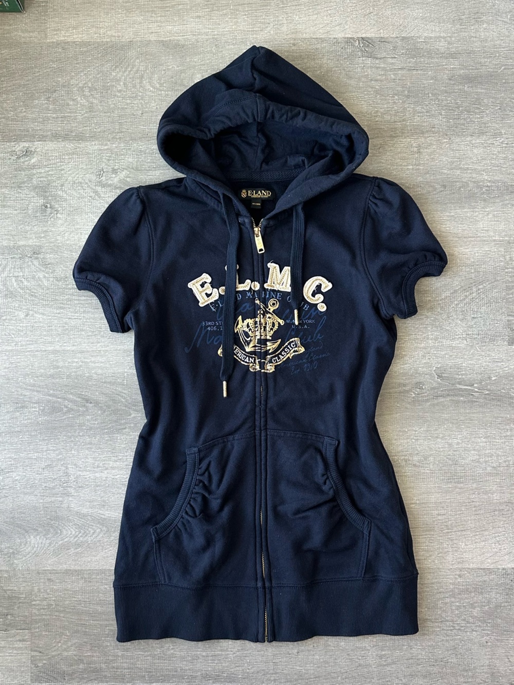 Eland Navy Zip-Up Hoodie  with Embroidered Crest and gems Y2K